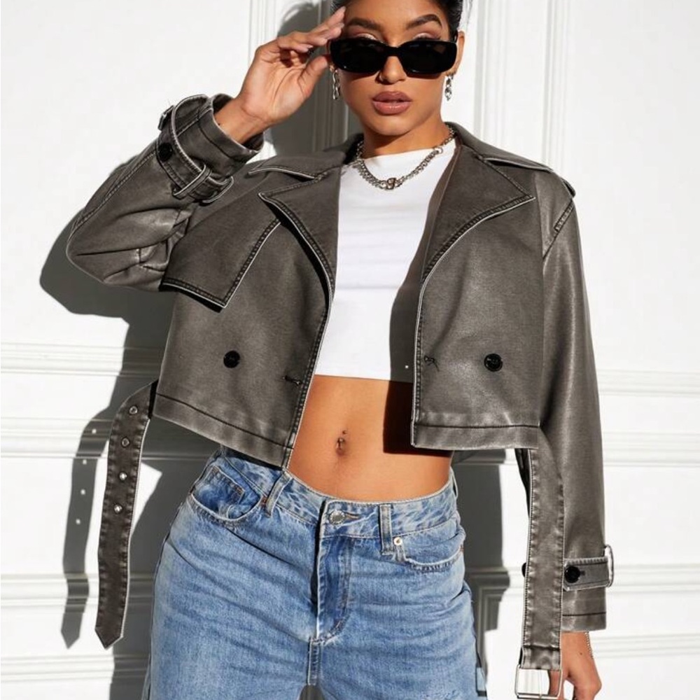 Cropped grey leather jacket small